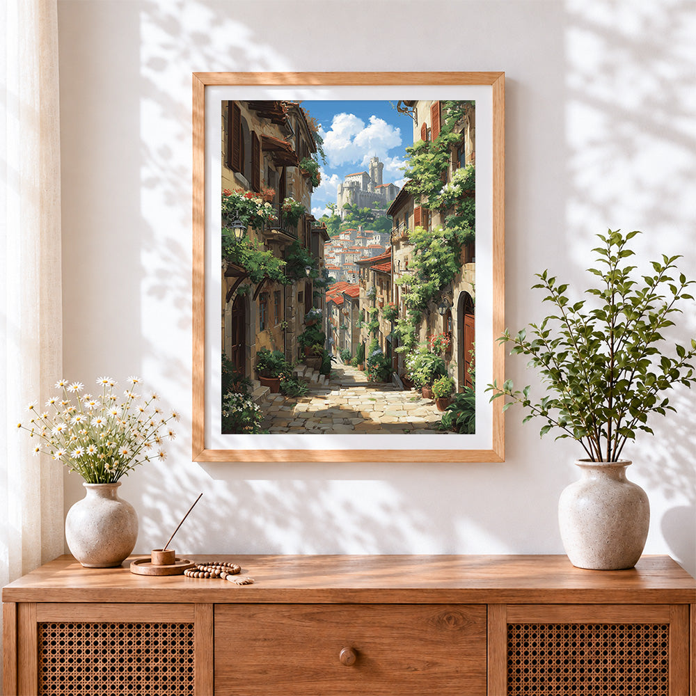 Finished italian hilltop village cross stitch artwork displayed