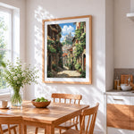 Italian hilltop village cross stitch artwork displayed on wall as home decor