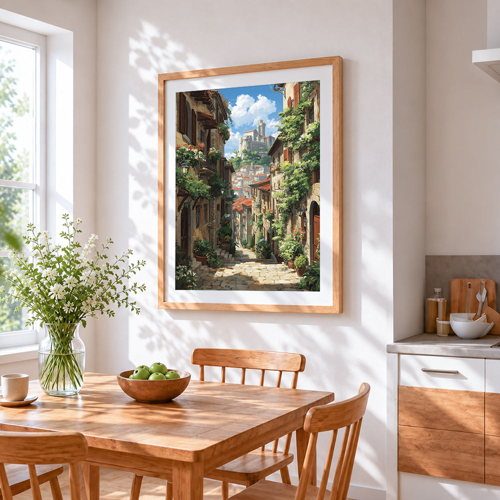 Italian hilltop village cross stitch artwork displayed on wall as home decor
