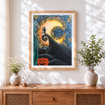 Finished jack skellington starry night cross stitch artwork displayed
