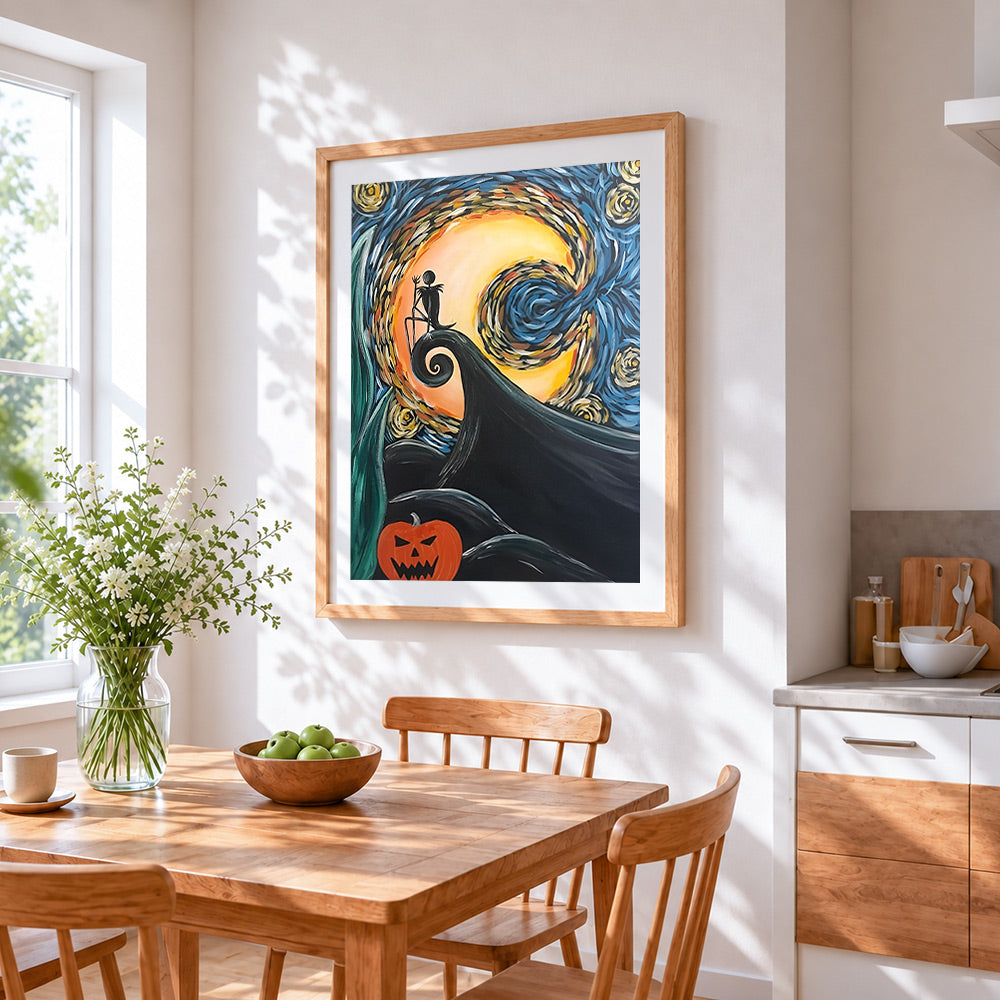 Jack skellington starry night cross stitch artwork displayed on wall as home decor