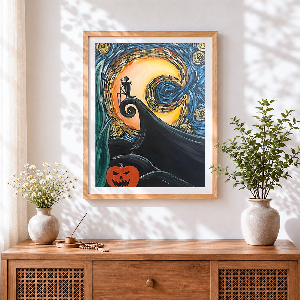 Finished jack skellington starry night paint by numbers artwork displayed as home decor