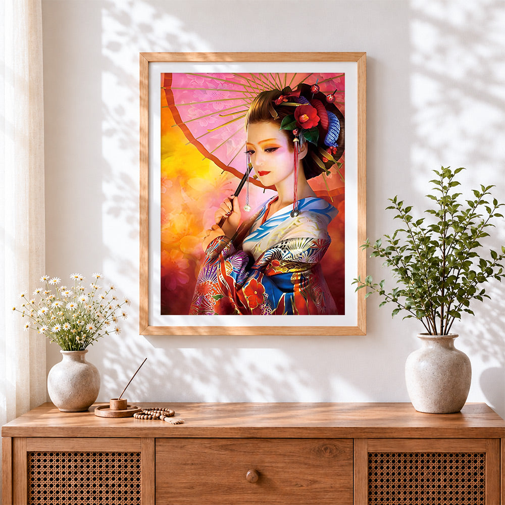 Finished japanese geisha with pink parasol cross stitch artwork displayed