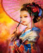 Japanese geisha with pink parasol cross stitch kit for beginners