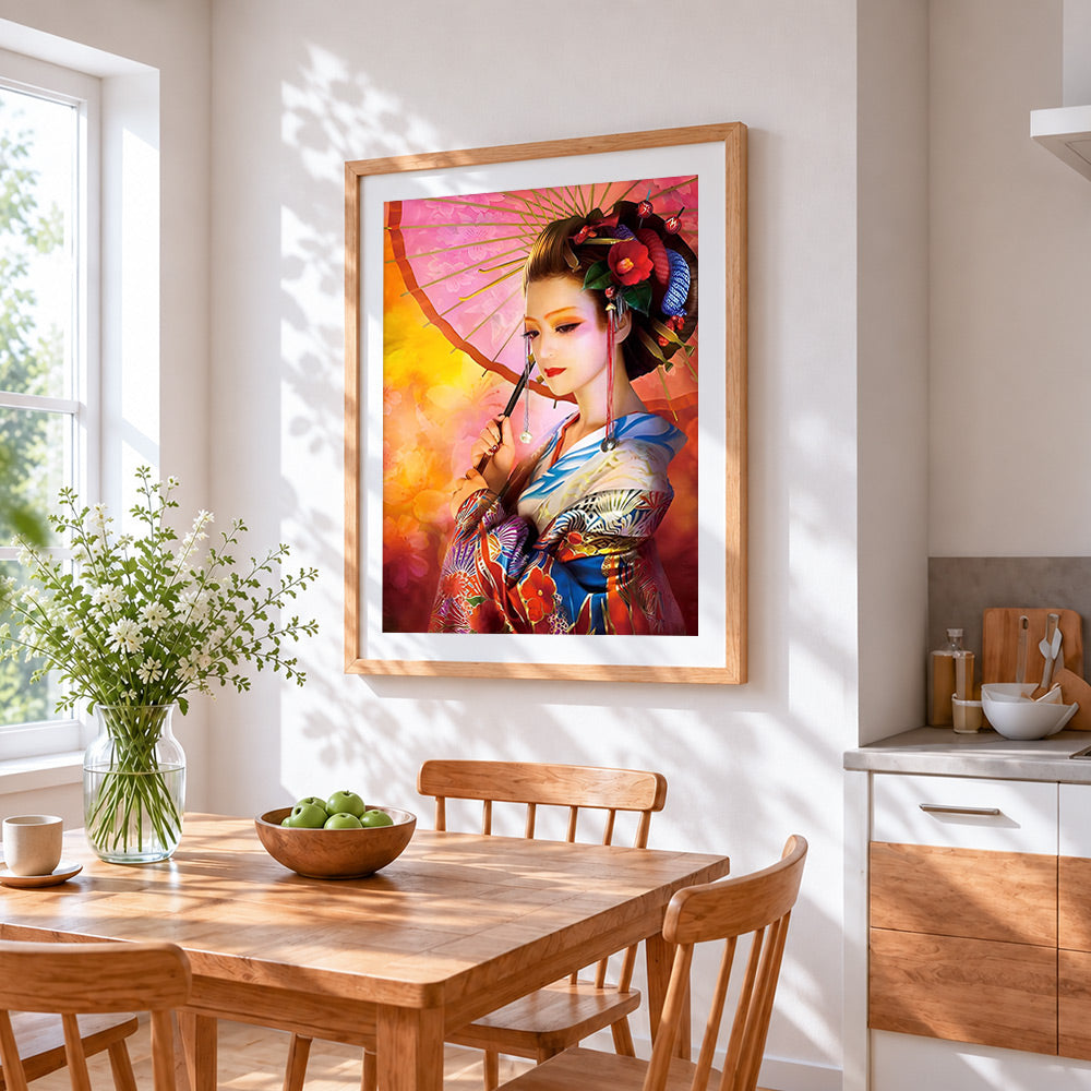 Japanese geisha with pink parasol cross stitch artwork displayed on wall as home decor
