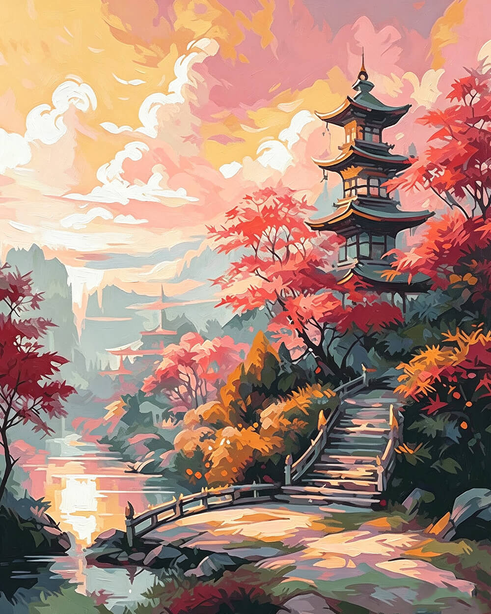 Japanese pagoda and autumn leaves cross stitch kit for beginners