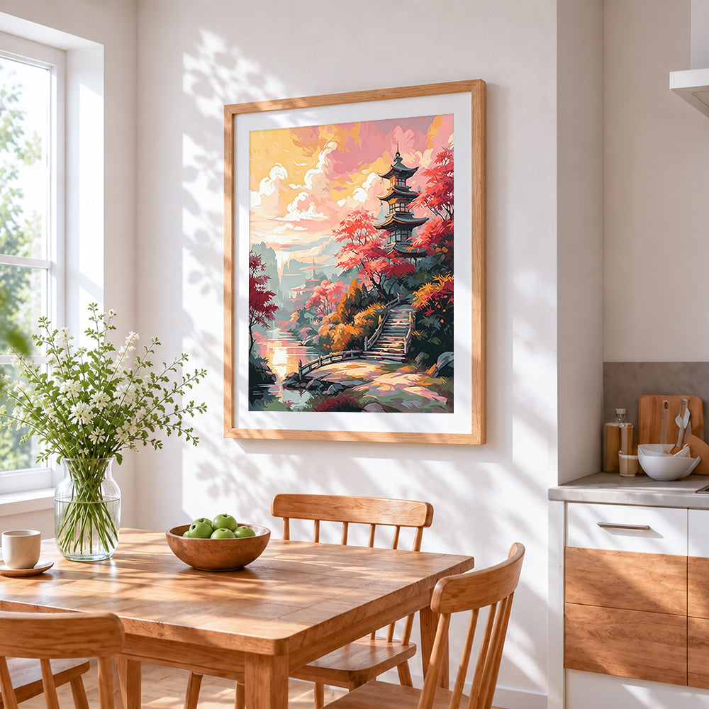 Japanese pagoda and autumn leaves cross stitch artwork displayed on wall as home decor