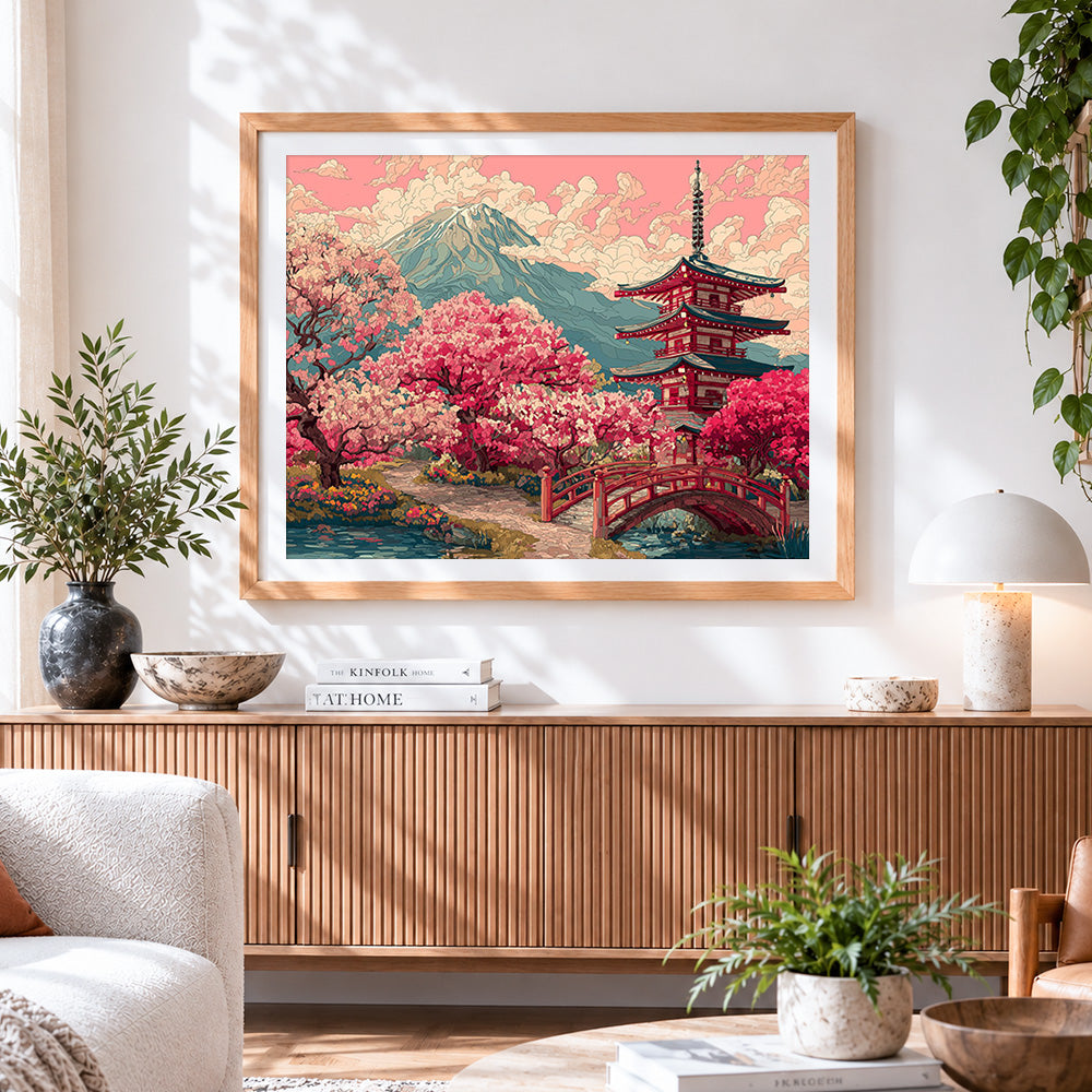 Finished japanese pagoda and cherry blossom paint by numbers artwork displayed as home decor
