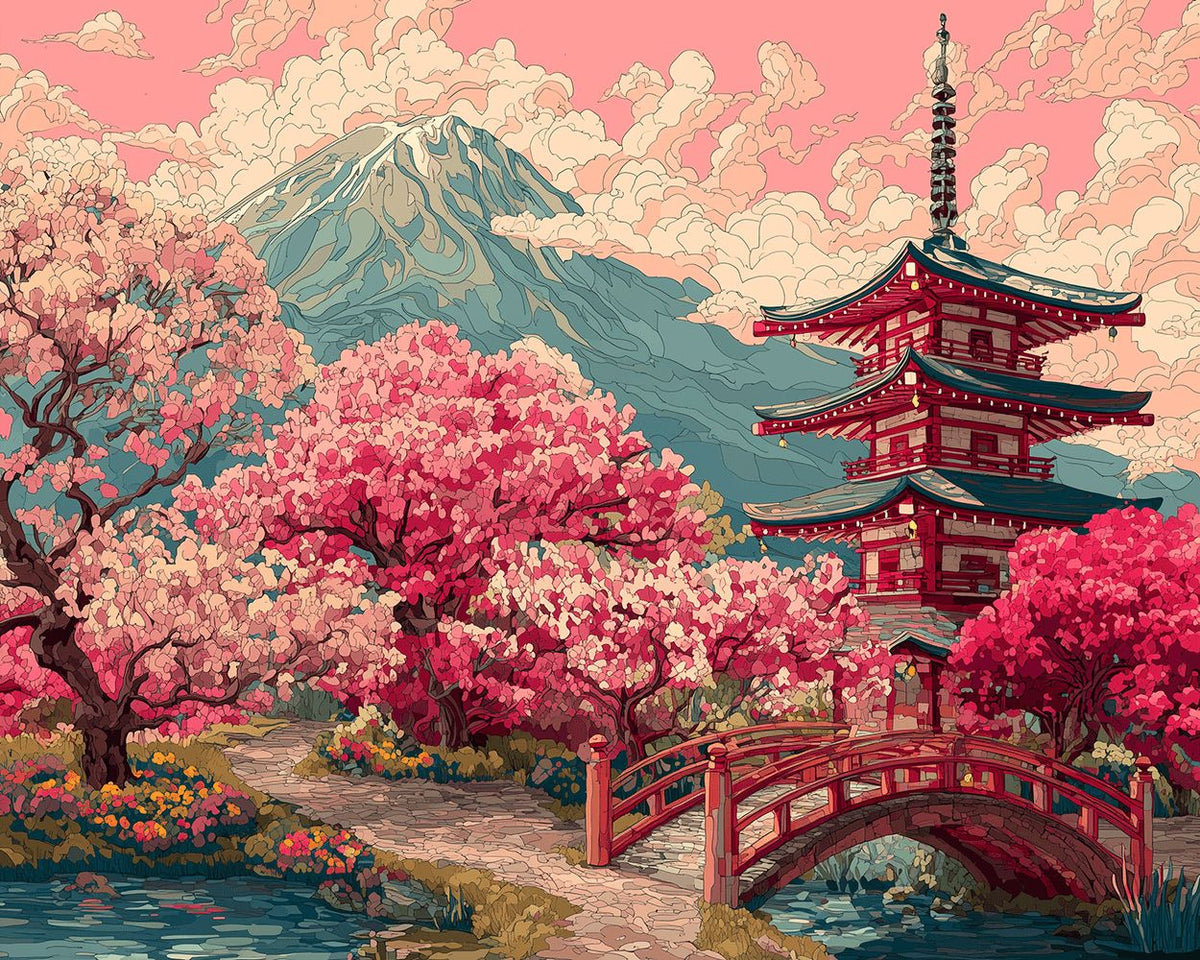 Japanese pagoda and cherry blossom paint by numbers kit for beginners