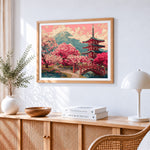 Japanese pagoda and cherry blossom paint by numbers artwork displayed on wall as home decor