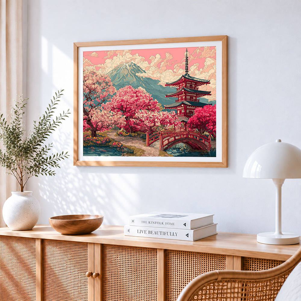 Japanese pagoda and cherry blossom paint by numbers artwork displayed on wall as home decor