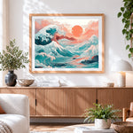 Finished japanese style great wave and sunset cross stitch artwork displayed
