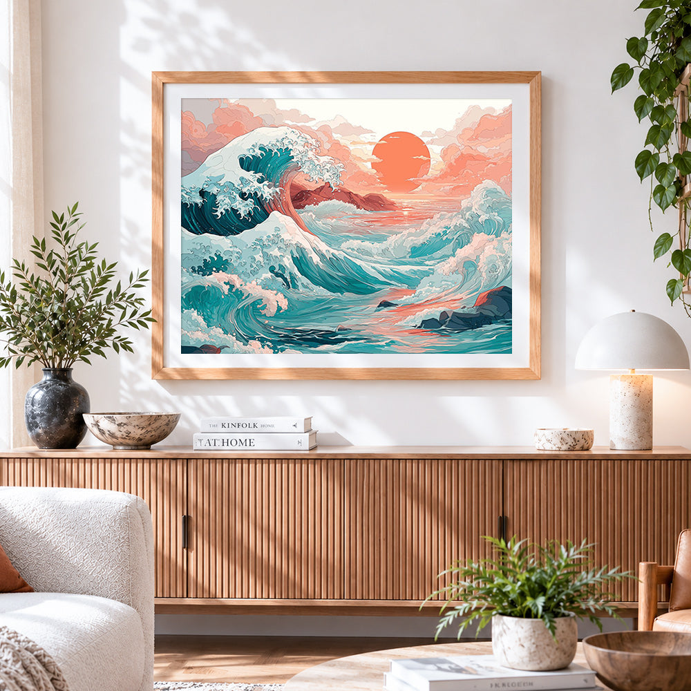Finished japanese style great wave and sunset cross stitch artwork displayed