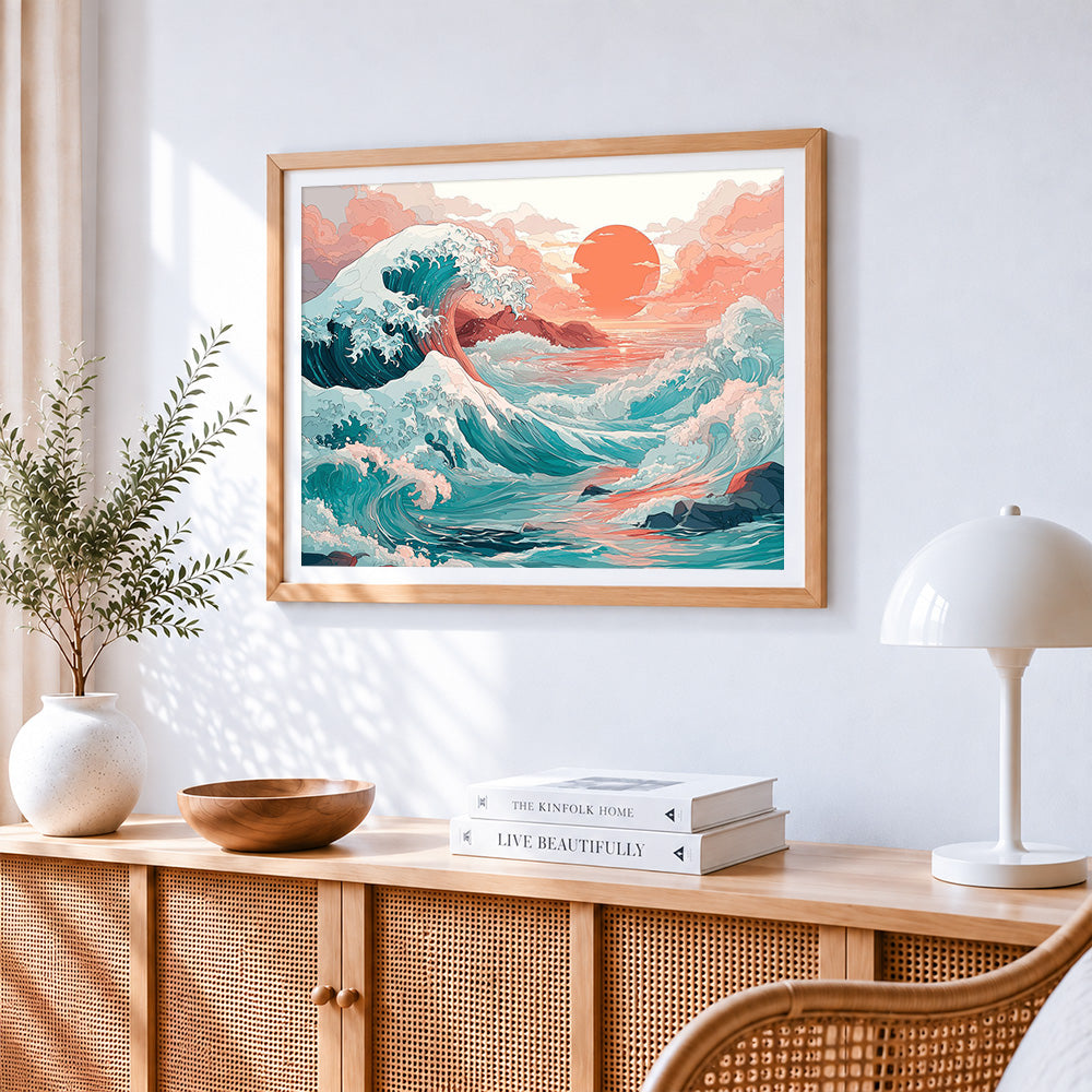 Japanese style great wave and sunset cross stitch artwork displayed on wall as home decor