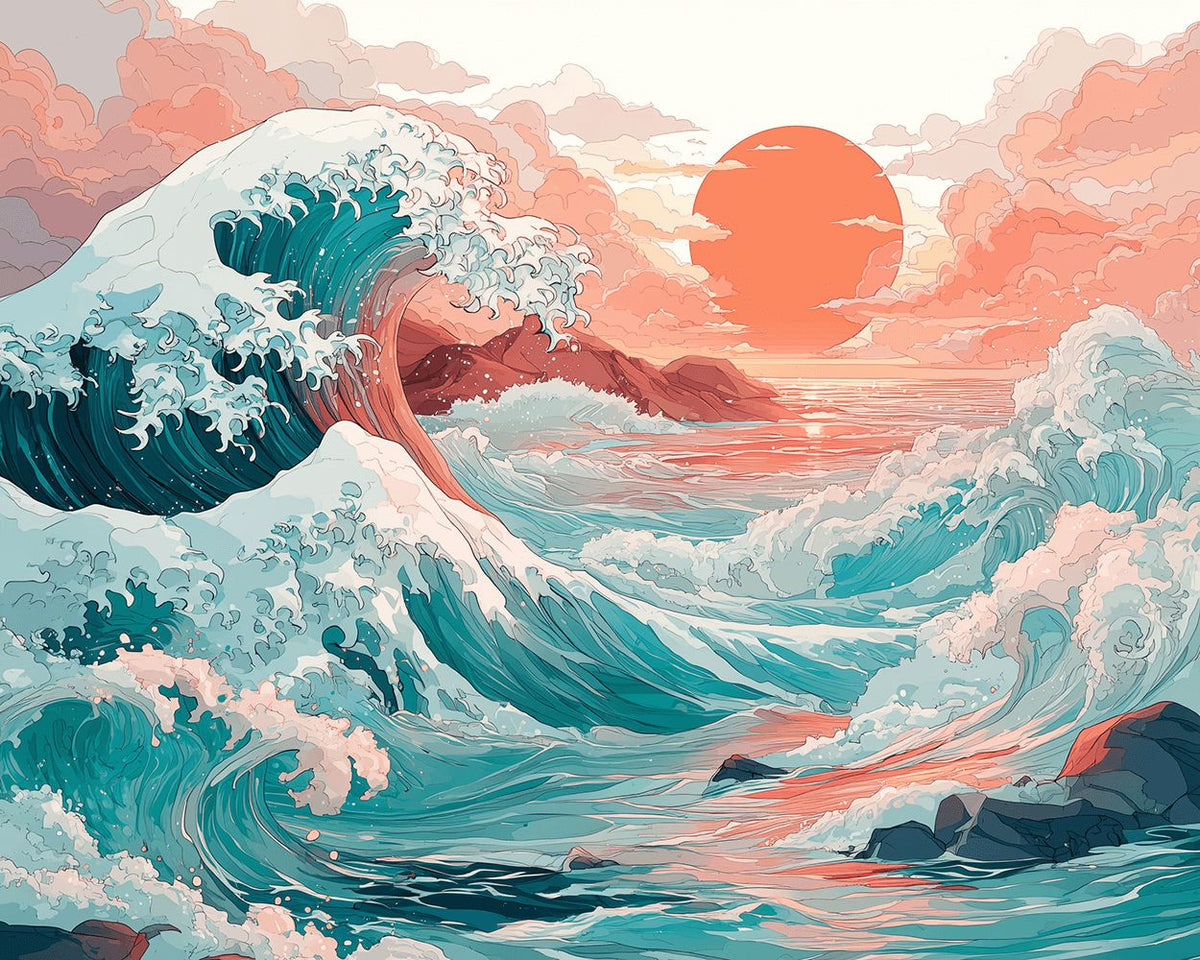Japanese style great wave and sunset paint by numbers kit for beginners