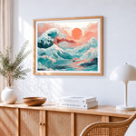 Japanese style great wave and sunset paint by numbers artwork displayed on wall as home decor