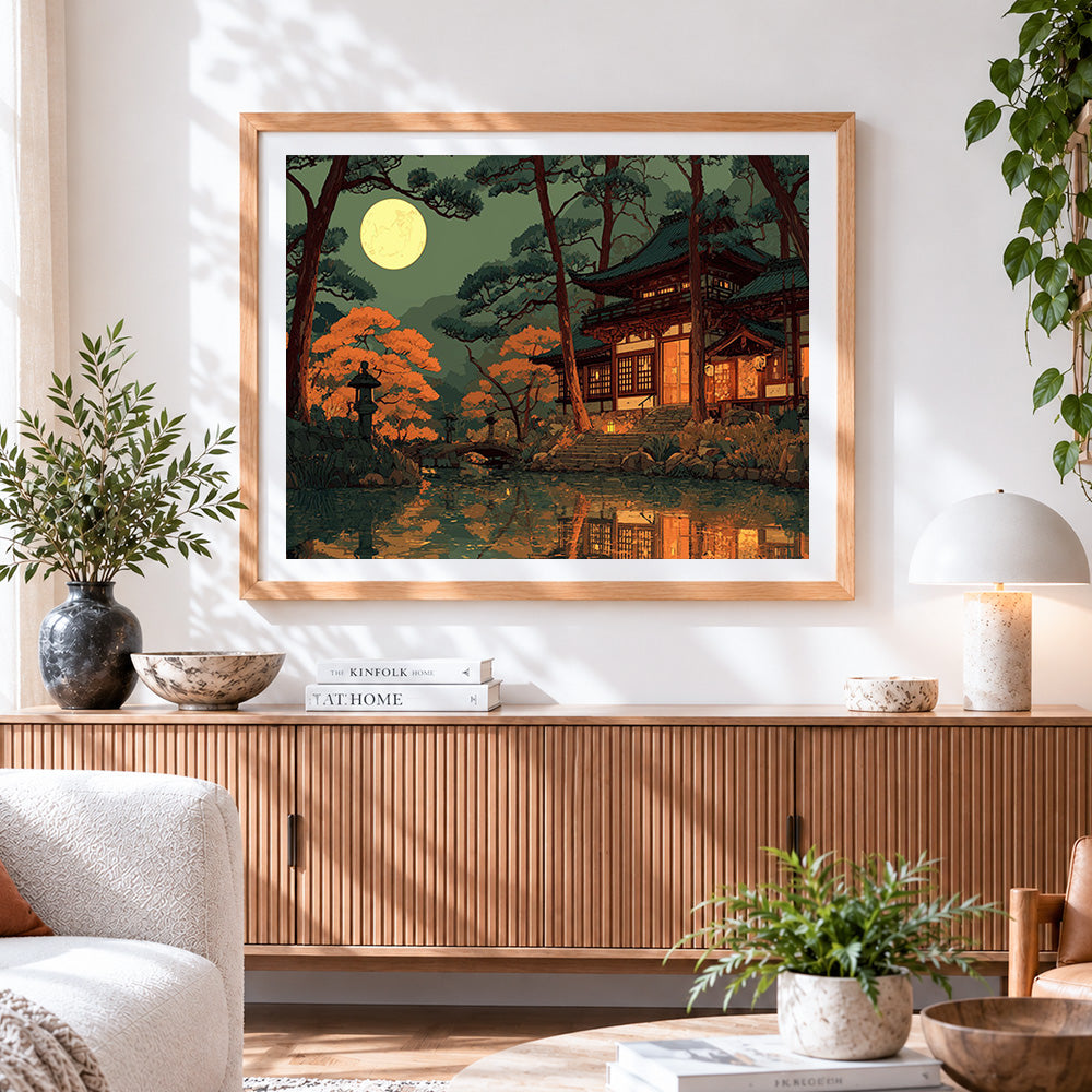Finished japanese temple moonlight cross stitch artwork displayed
