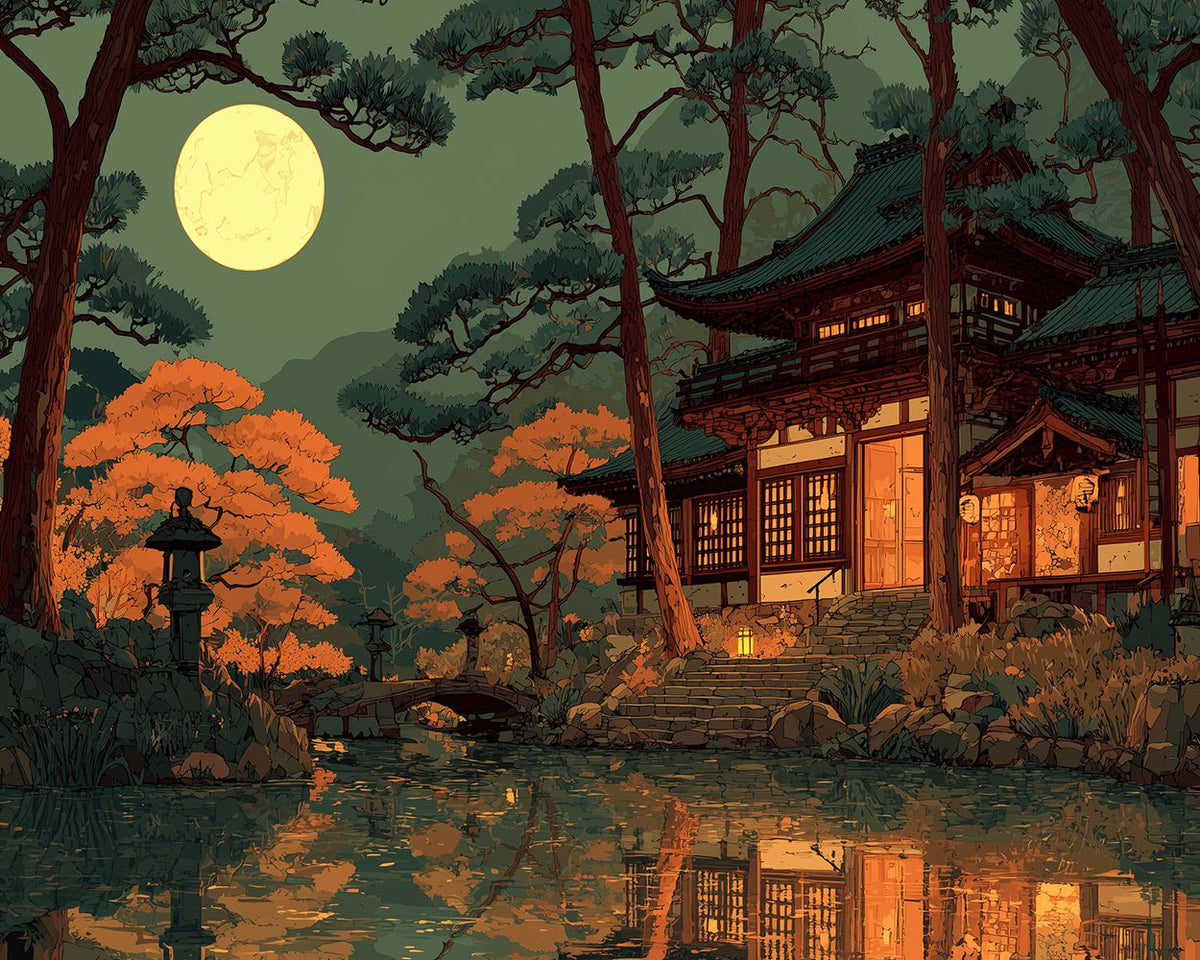 Japanese temple moonlight cross stitch kit for beginners