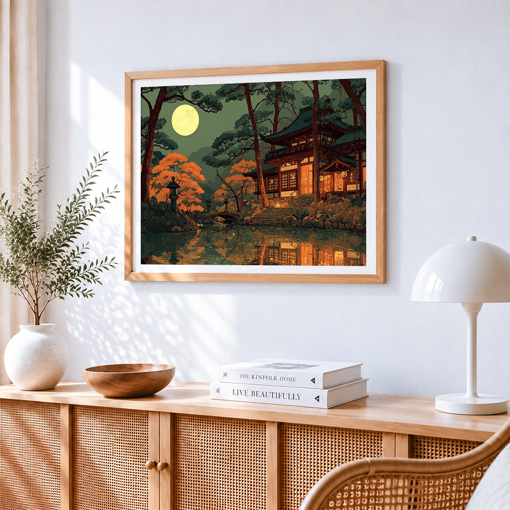 Japanese temple moonlight cross stitch artwork displayed on wall as home decor