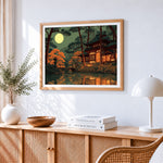 Japanese temple moonlight cross stitch artwork displayed on wall as home decor