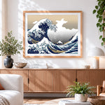 Finished japanese ukiyo e style waves cross stitch artwork displayed