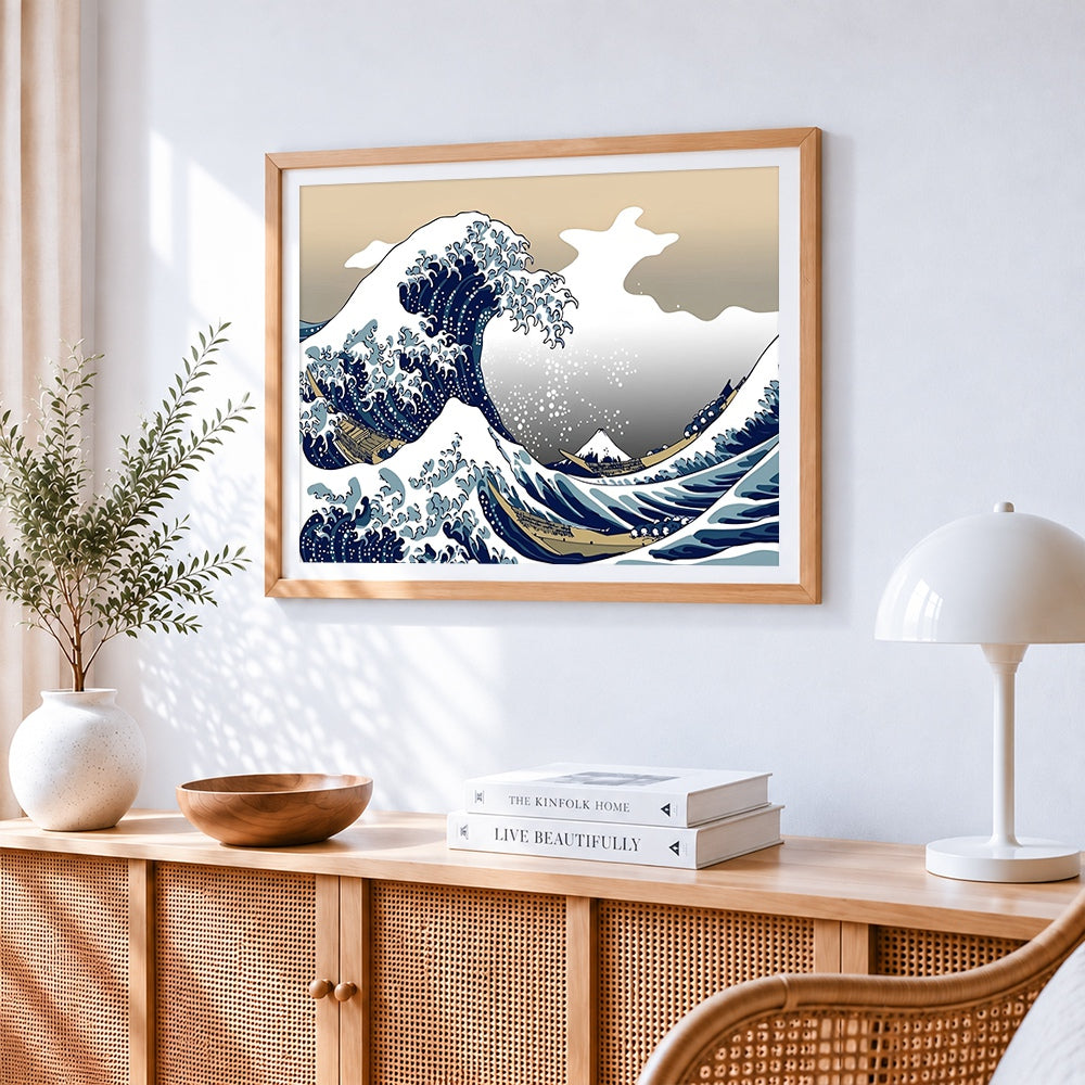 Japanese ukiyo e style waves cross stitch artwork displayed on wall as home decor