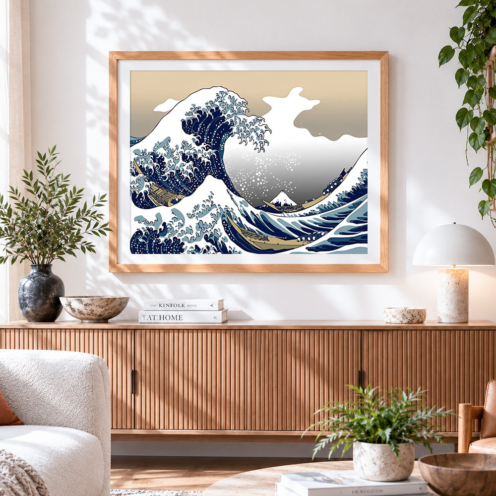 Finished japanese ukiyo e style waves paint by numbers artwork displayed as home decor