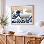 Japanese ukiyo e style waves paint by numbers artwork displayed on wall as home decor