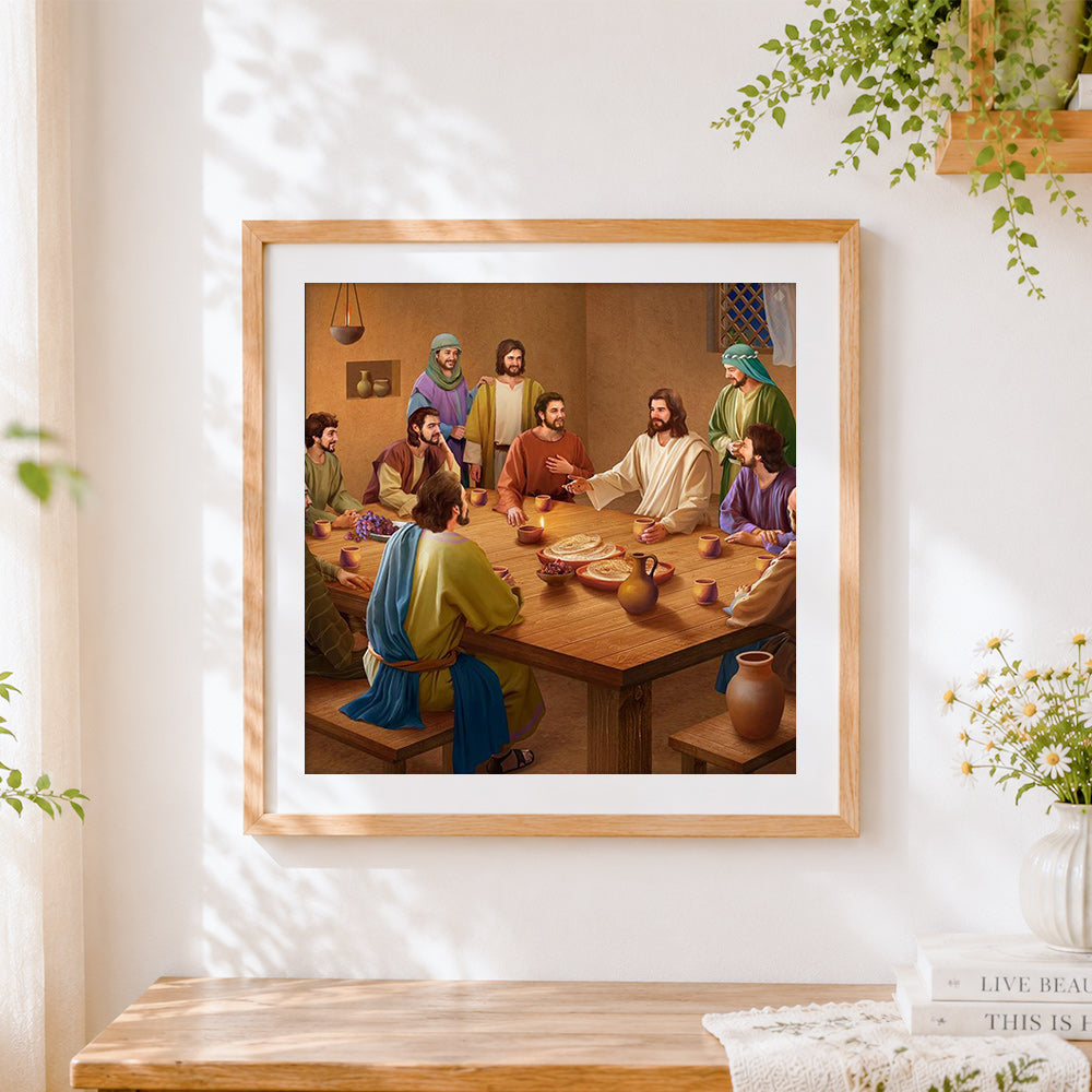 Finished jesus and his disciples at the last supper cross stitch artwork displayed