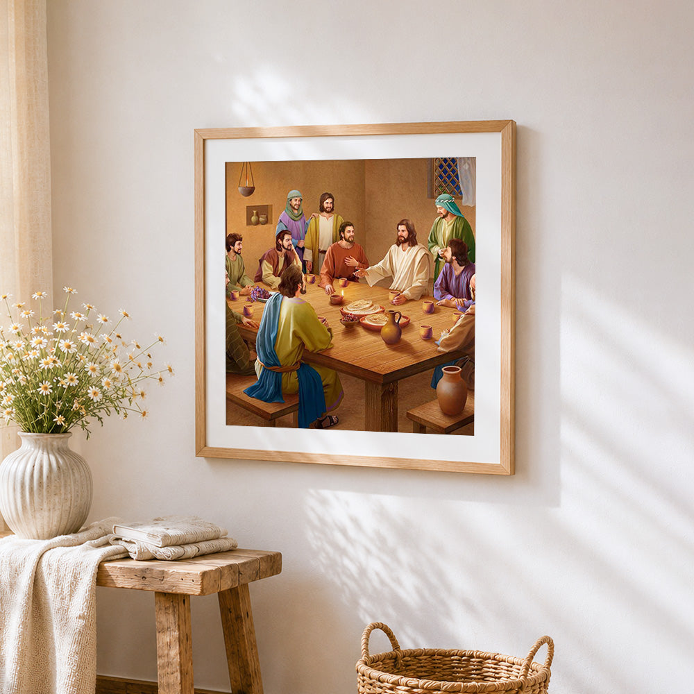 Jesus and his disciples at the last supper cross stitch artwork displayed on wall as home decor