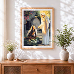 Finished jesus christ appearing to mary magdalene cross stitch artwork displayed