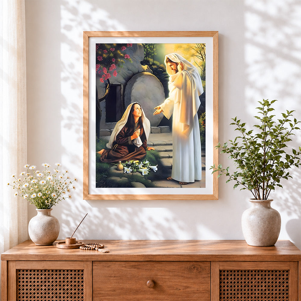 Finished jesus christ appearing to mary magdalene cross stitch artwork displayed