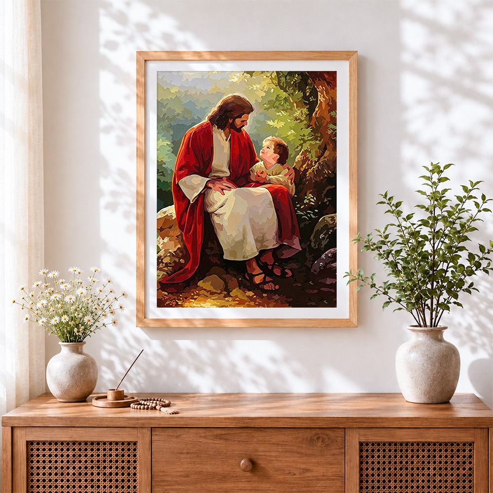 Finished jesus christ with a child cross stitch artwork displayed