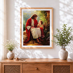 Finished jesus christ with a child cross stitch artwork displayed