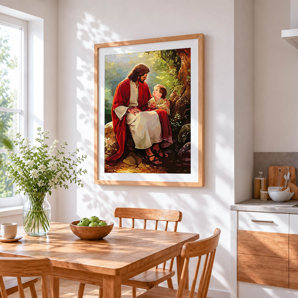 Jesus christ with a child cross stitch artwork displayed on wall as home decor