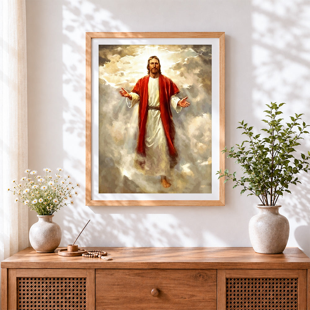 Finished jesus in the clouds cross stitch artwork displayed