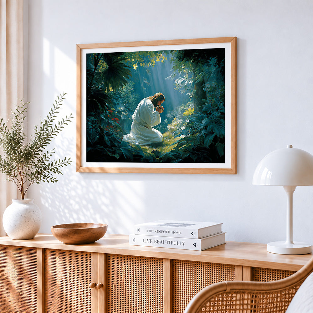 Jesus praying in forest cross stitch artwork displayed on wall as home decor