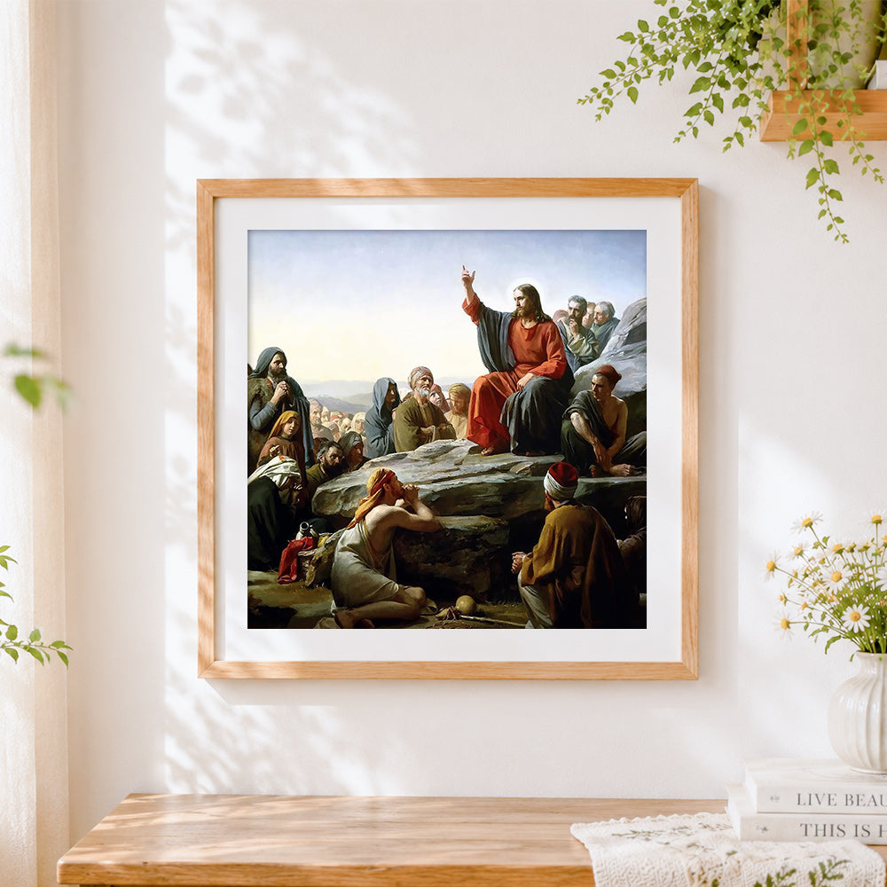 Finished jesus preaching the sermon on the mount cross stitch artwork displayed