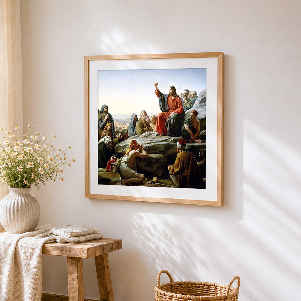 Jesus preaching the sermon on the mount cross stitch artwork displayed on wall as home decor