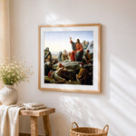 Jesus preaching the sermon on the mount cross stitch artwork displayed on wall as home decor