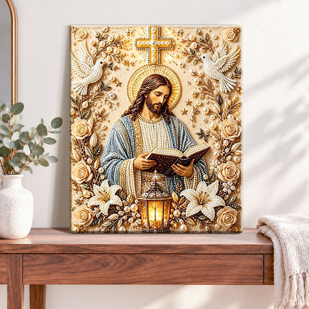 Finished jesus reading holy scripture pearl diamond painting artwork displayed as home decor