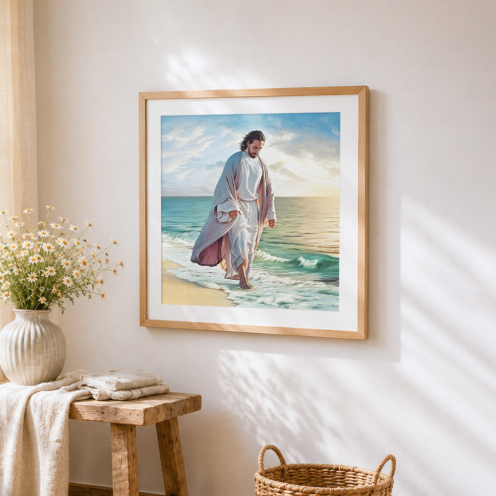 Jesus walking on the beach cross stitch artwork displayed on wall as home decor