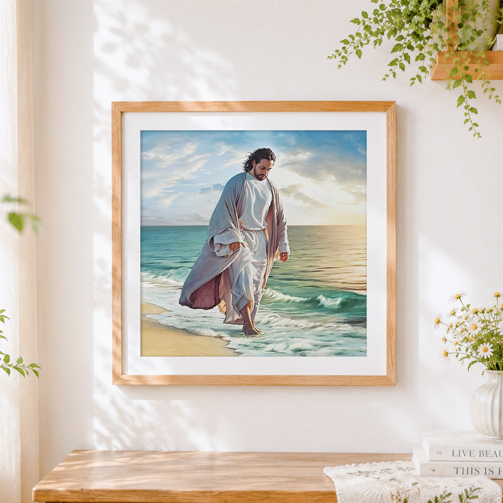Finished jesus walking on the beach paint by numbers artwork displayed as home decor