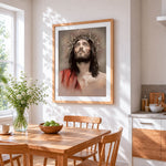 Jesus with crown of thorns cross stitch artwork displayed on wall as home decor
