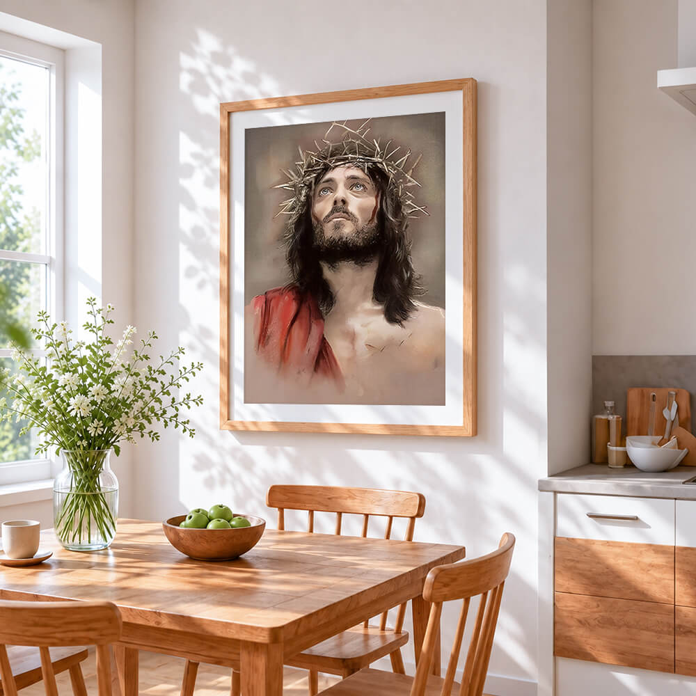 Jesus with crown of thorns paint by numbers artwork displayed on wall as home decor