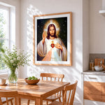 Jesus with red heart in the dark cross stitch artwork displayed on wall as home decor