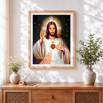 Finished jesus with red heart in the dark paint by numbers artwork displayed as home decor