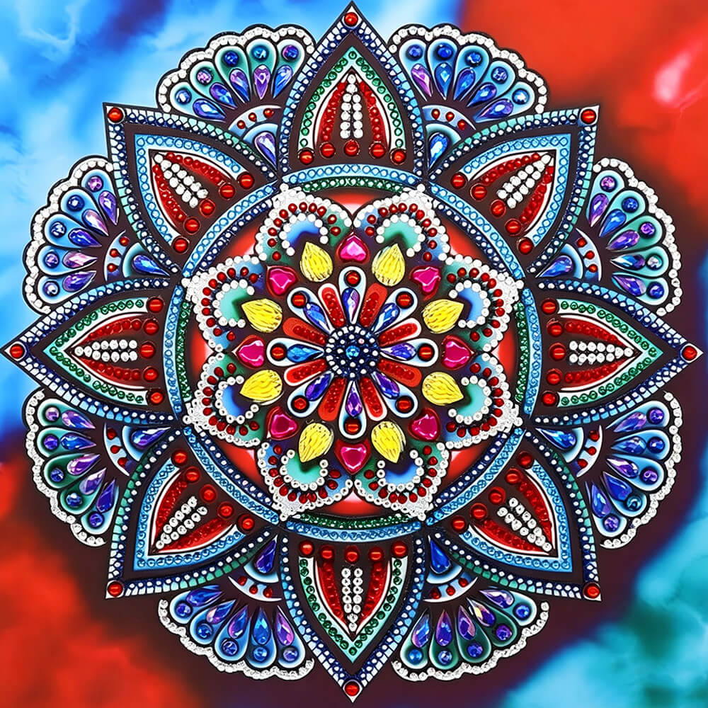 Jewel tone red and blue mandala cross stitch kit for beginners