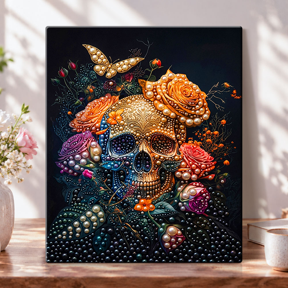 Jeweled floral skull pearl diamond painting kit for beginners
