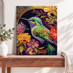 Finished jeweled hummingbird pearl diamond painting artwork displayed as home decor